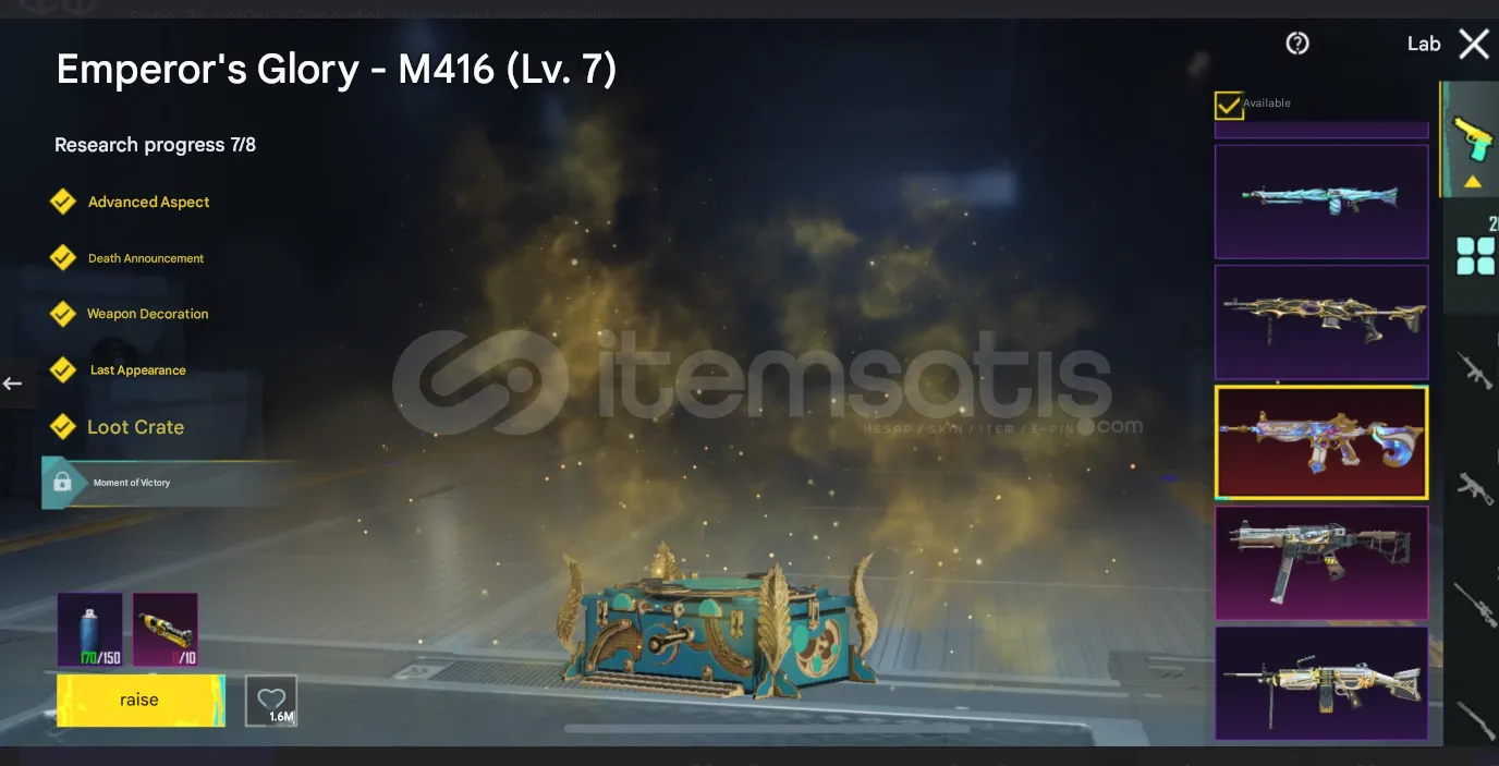 PGM576 M416 Imperial Splendor L7, Bear Pet, Golden Outfits, Maxed Boat Skin, Legendary Sets (G)